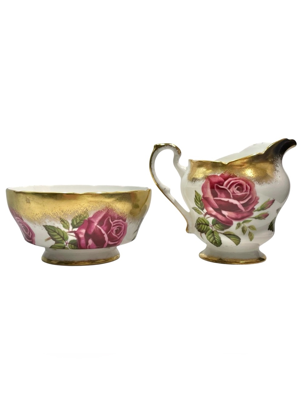 Vintage 1940s Paragon China England Cabbage Rose Gold Trim Sugar and Creamer